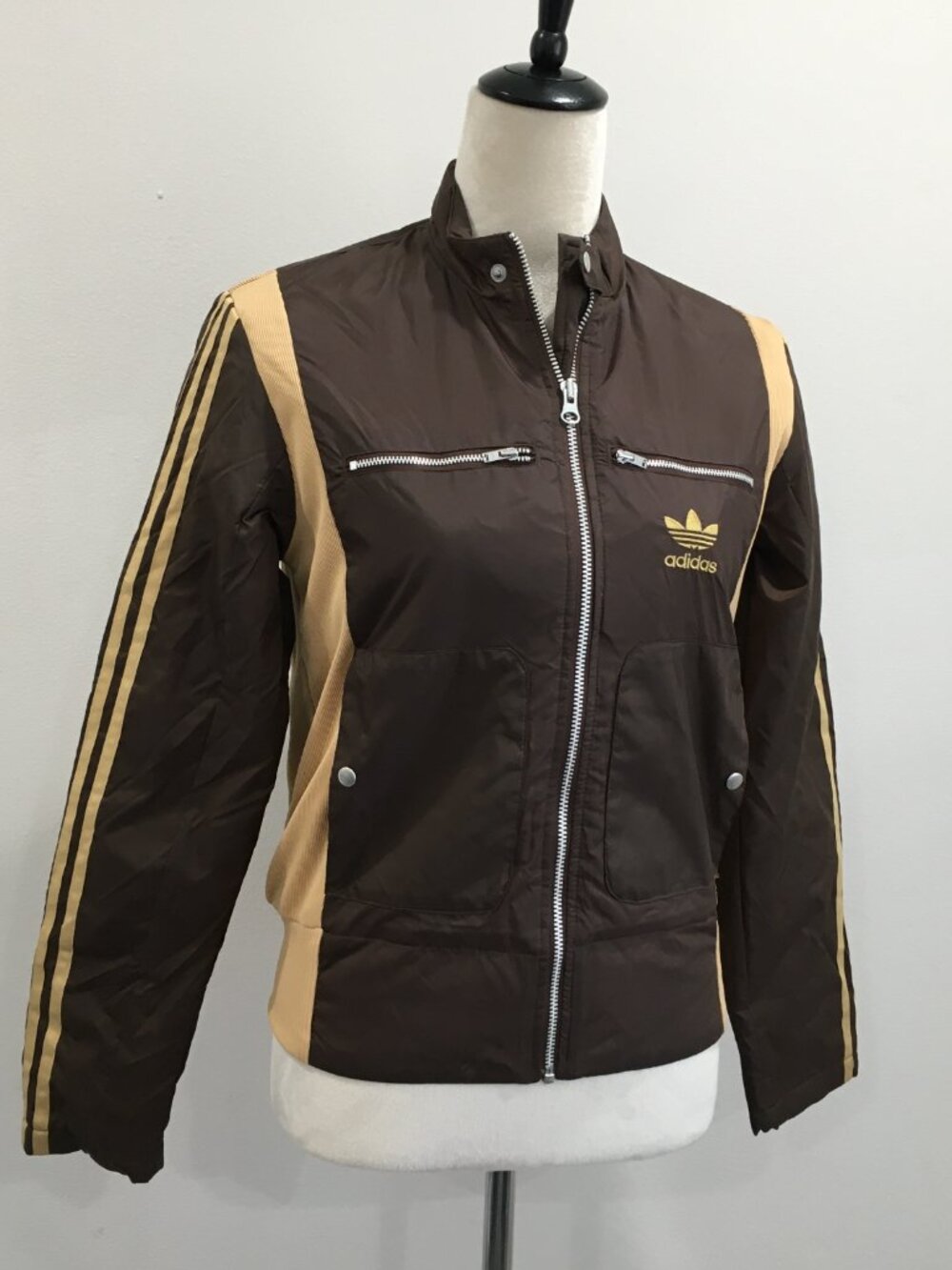 ADIDAS Brown Beige Ribbed Inserts Firebird Zip Pockets & Cuffs Crop Jacket